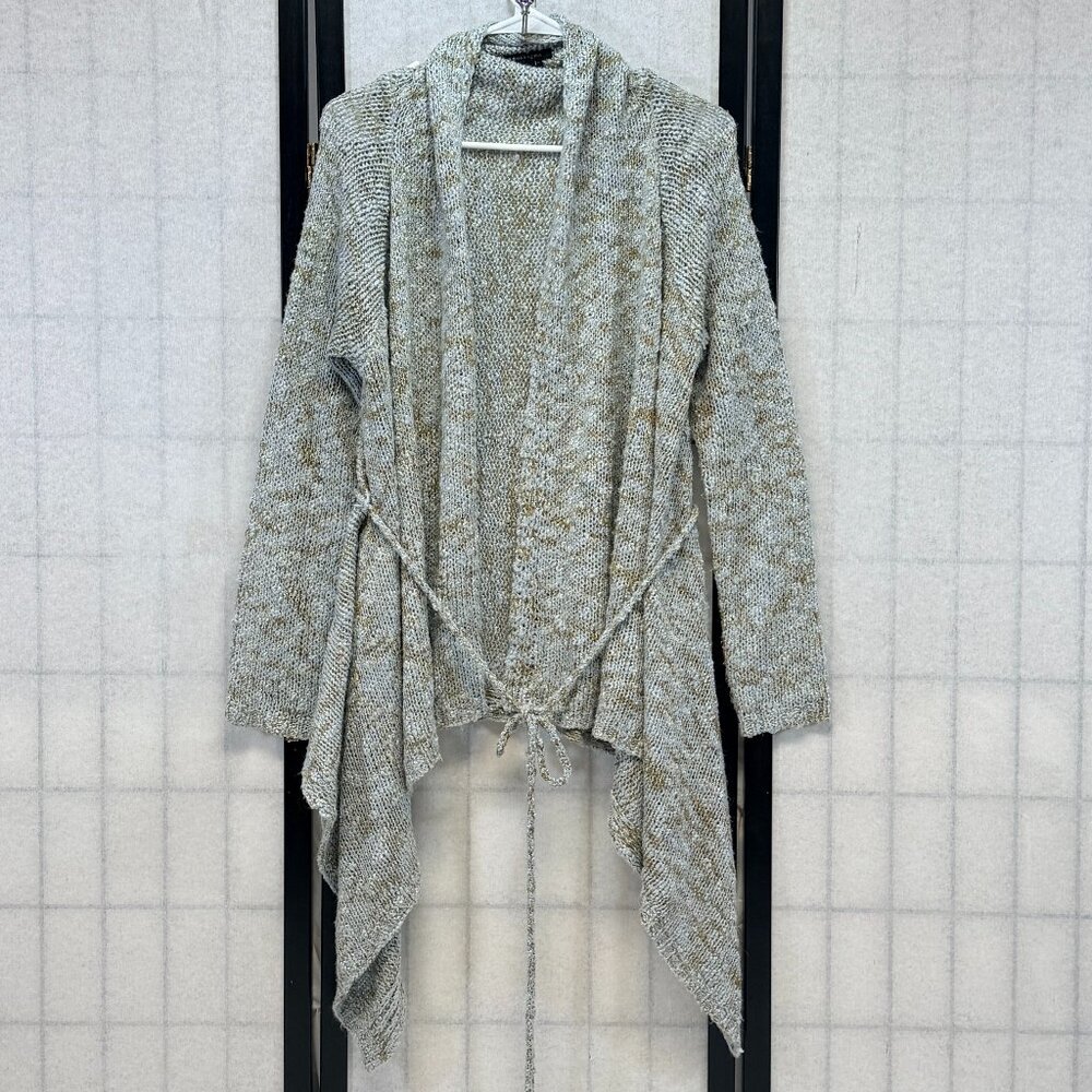 BCBG Blue Olive Asymmetrical Open Front Knit Cardigan L Loose Weave Boho Sweater